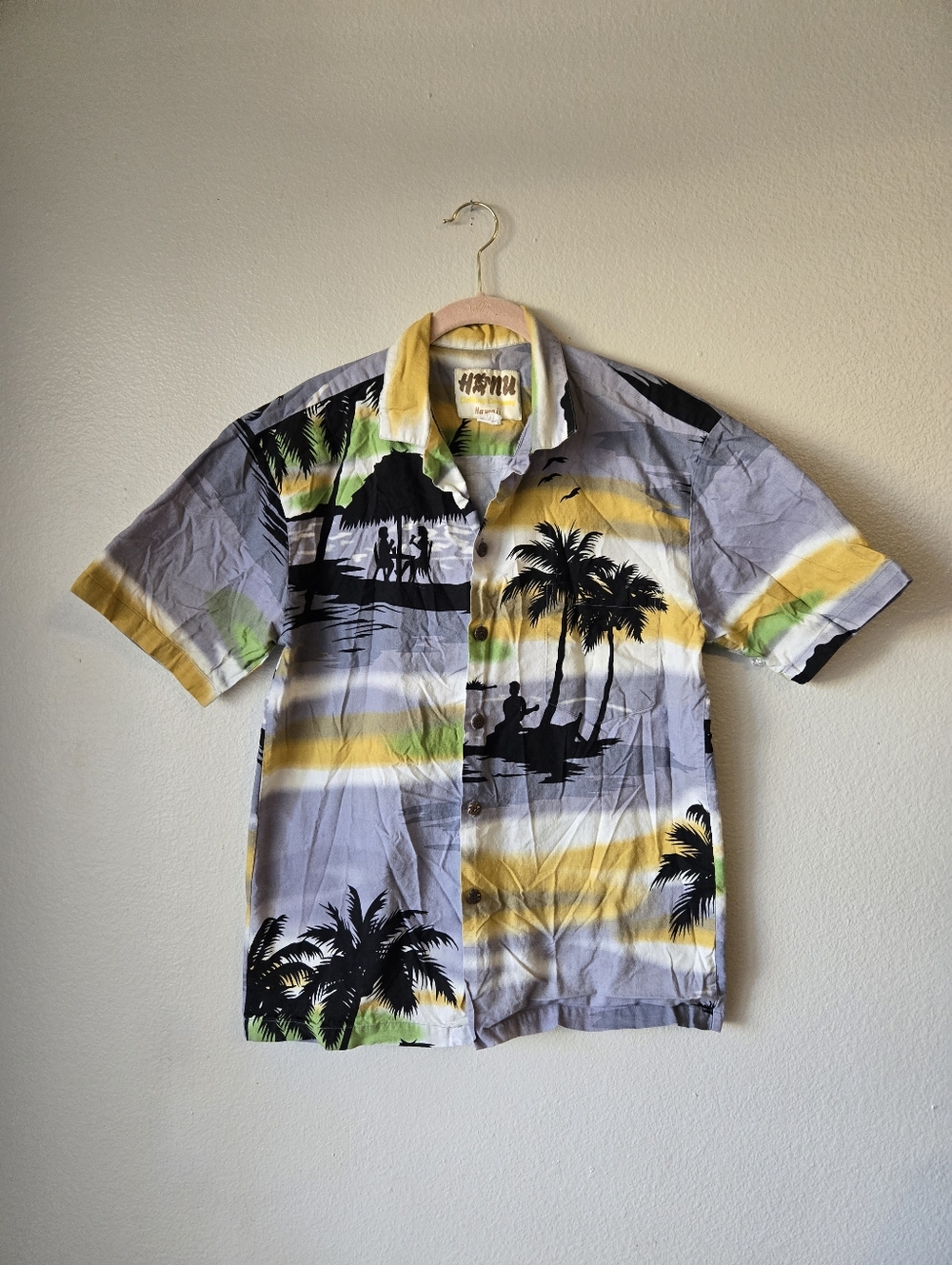 Honu Clothing Co Hawaii Men's M Hawaiian Shirt Palm Tree Silhouette Beach Scene